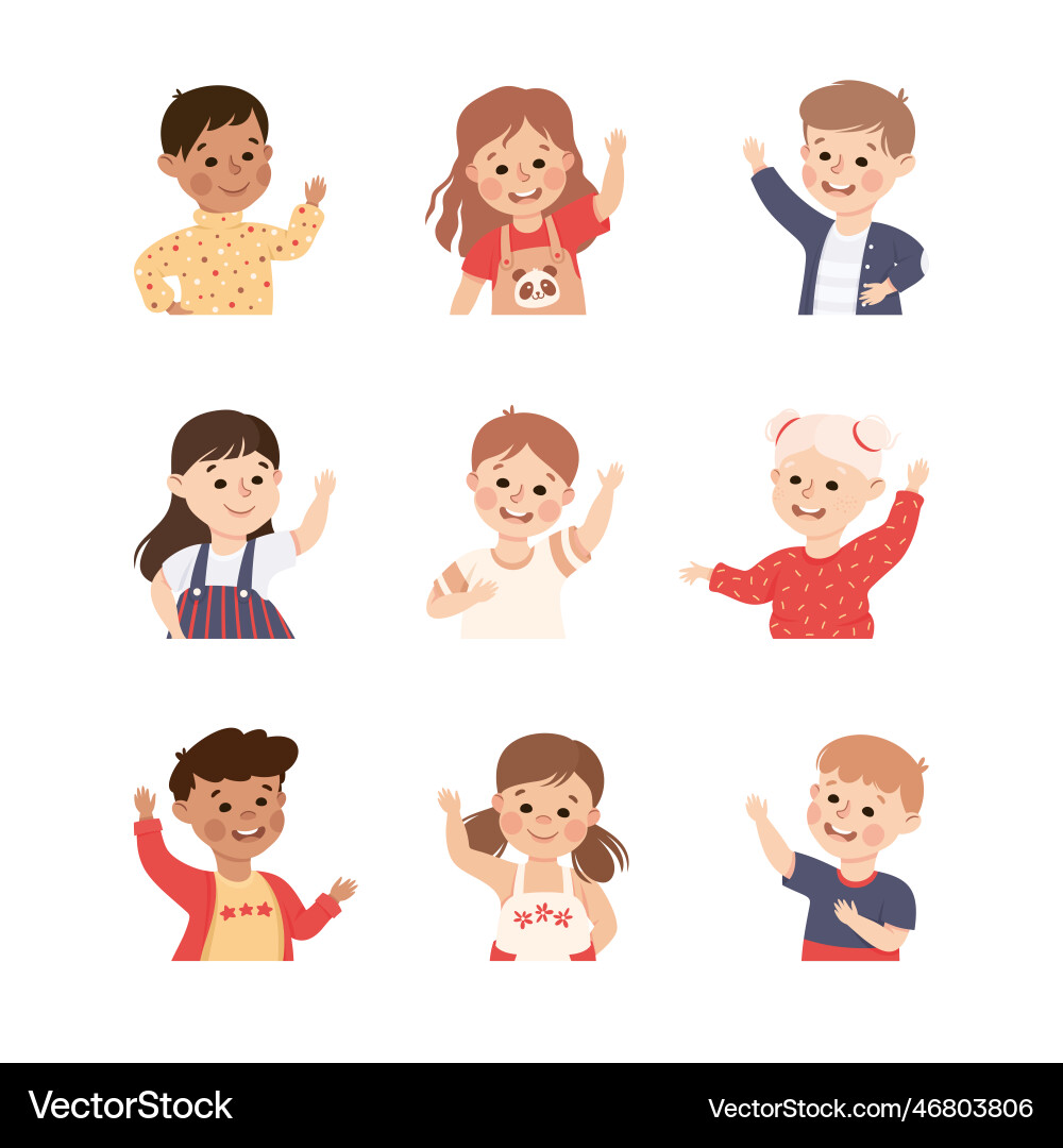 Happy children with raised up hands smiling Vector Image
