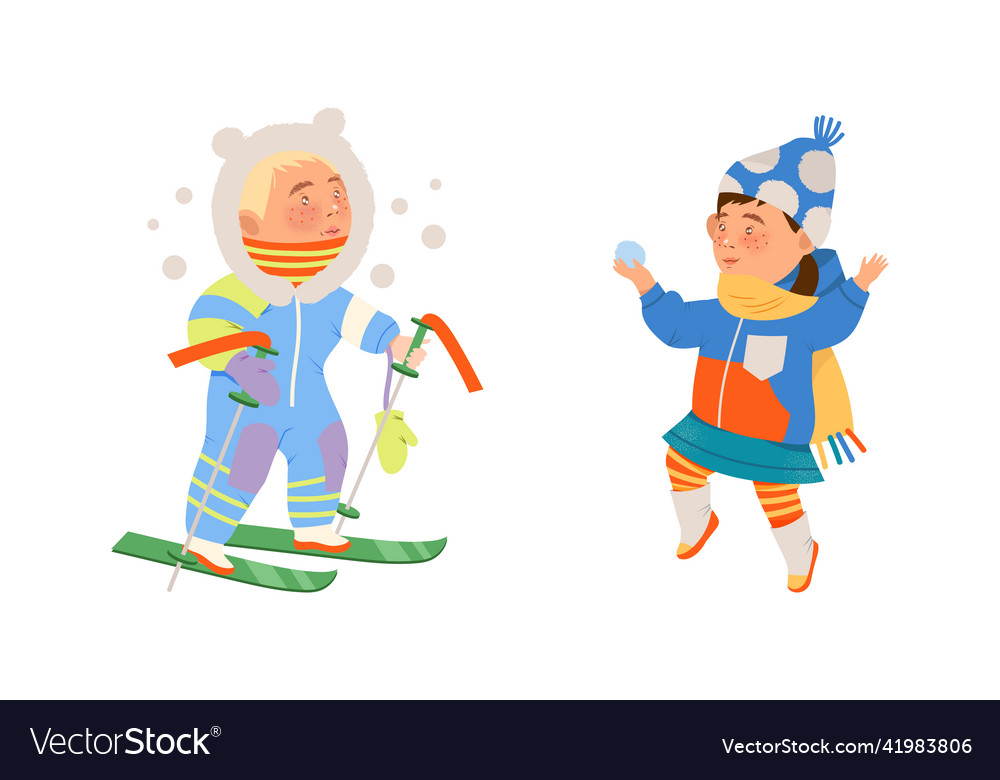 Kids winter activities set boy and girl in warm Vector Image