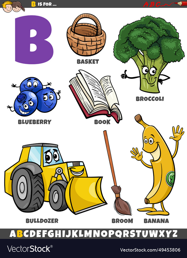 Letter b set with cartoon objects and characters Vector Image