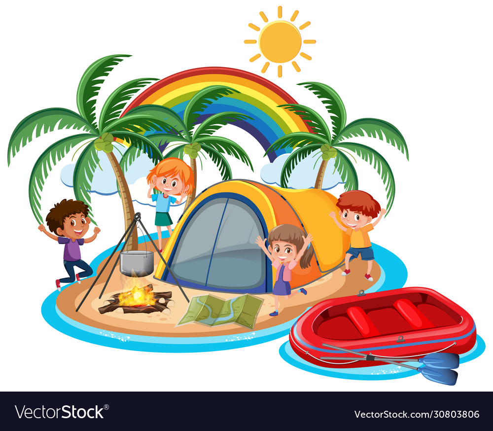 Scene with many kids camping out on island Vector Image