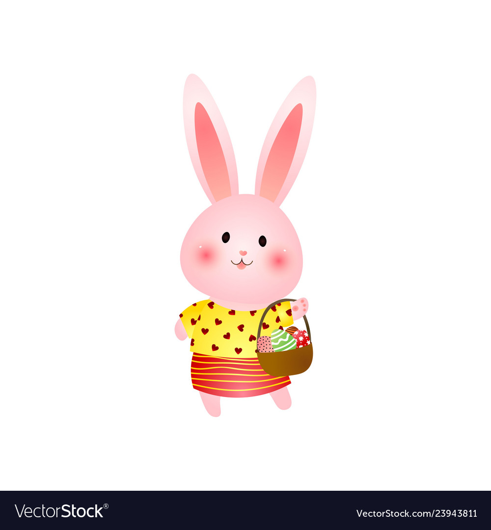 Cute rosy easter bunny with basket of eggs