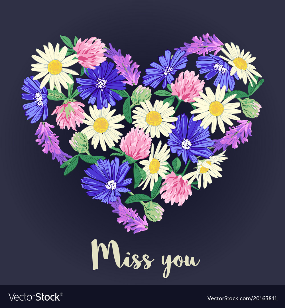 Miss you card with floral heart Royalty Free Vector Image