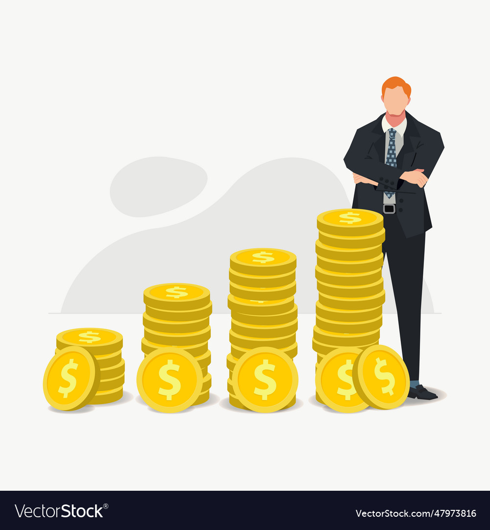 Businessman with stacked coins increase salary Vector Image