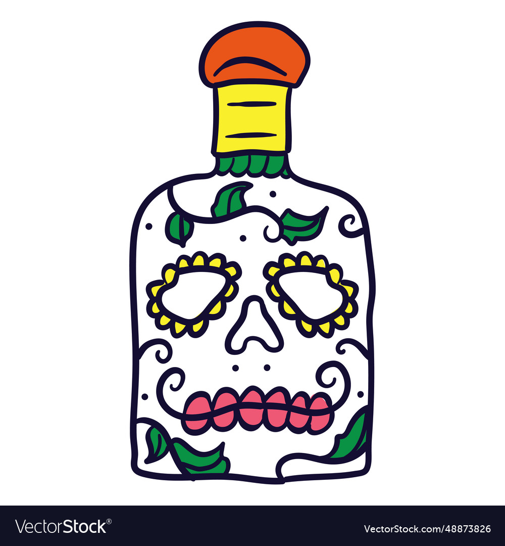 Hand drawn skull bottle mexican day of dead