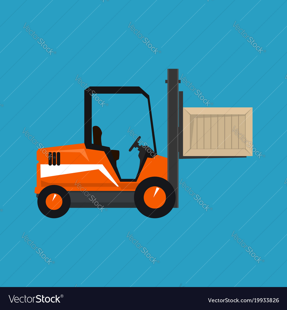 Orange vehicle forklift picks up a box isolated