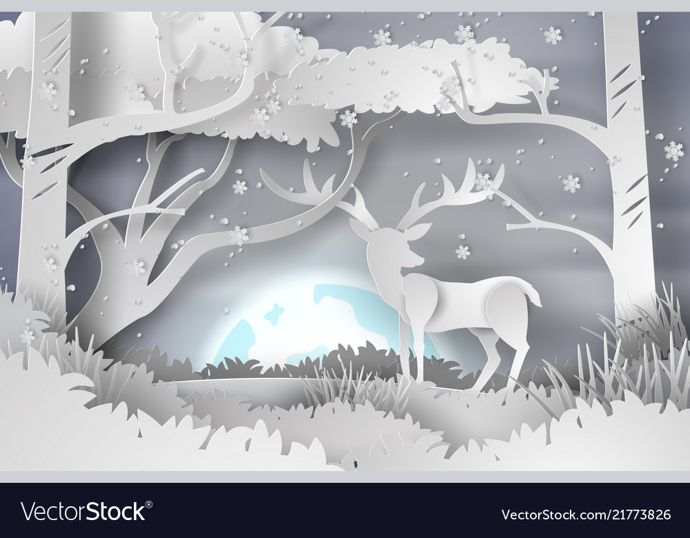 Paper Art Of Deer In The Forest Lanscape Snow Vector Image