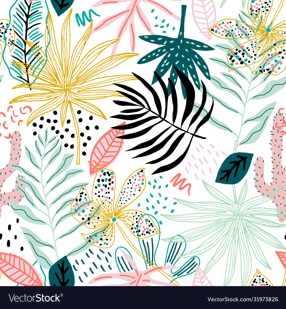 Seamless tropical pattern with hand drawn plants Vector Image