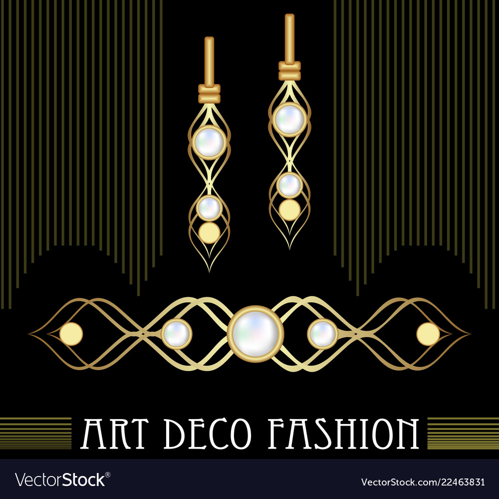 Art deco golden jewel set earrings and brooch Vector Image