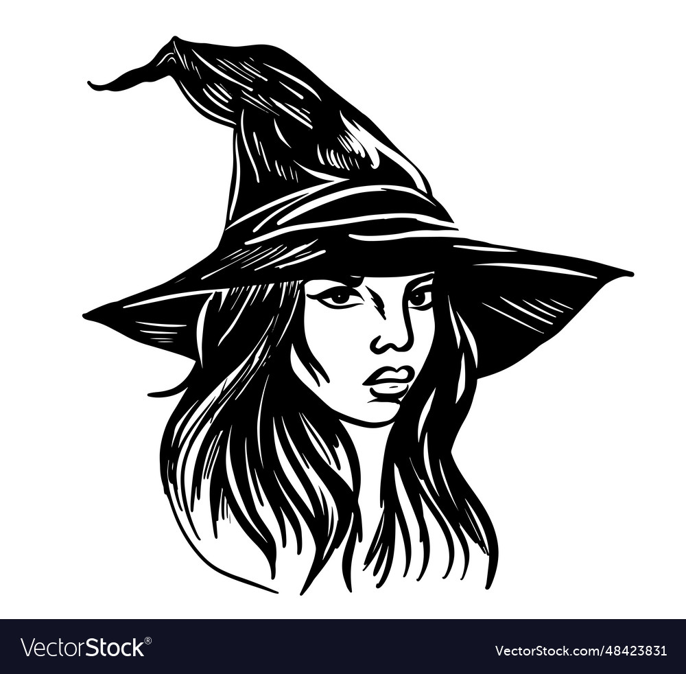 Head of witch in hat halloween sketch