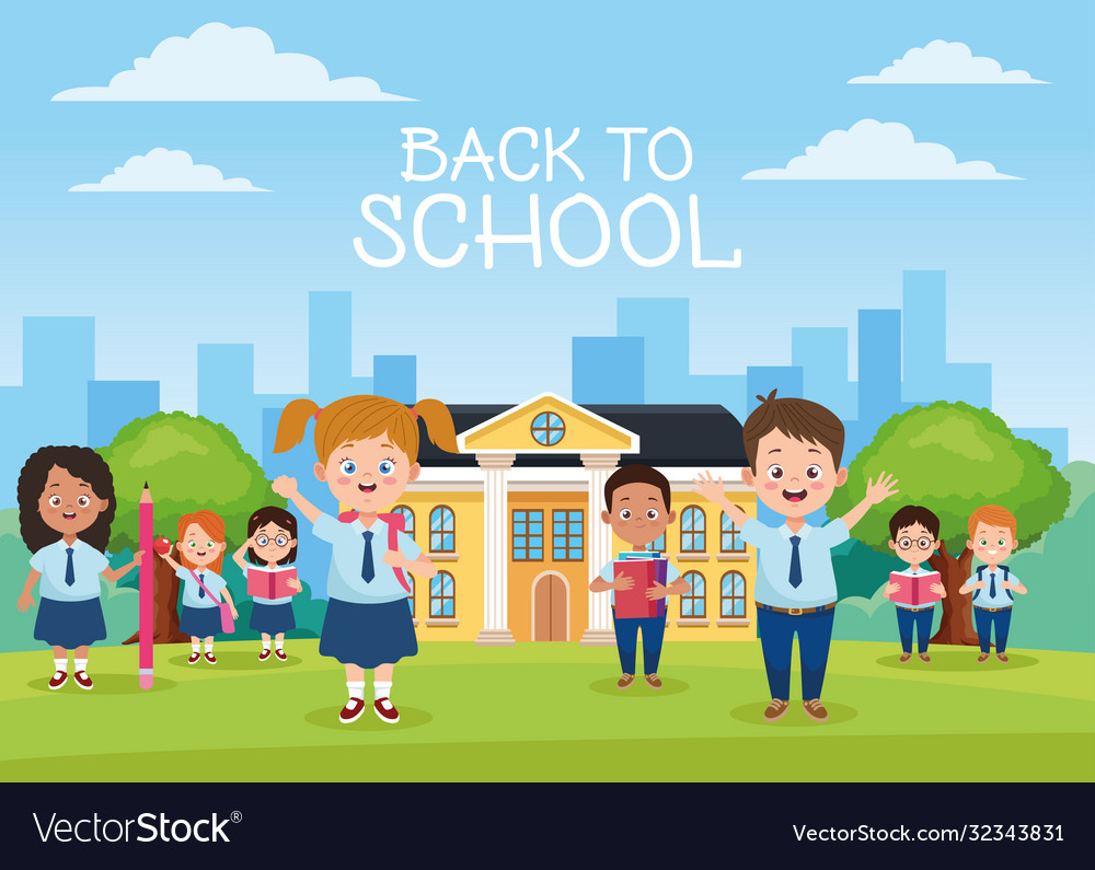 Little students group with uniforms in school Vector Image