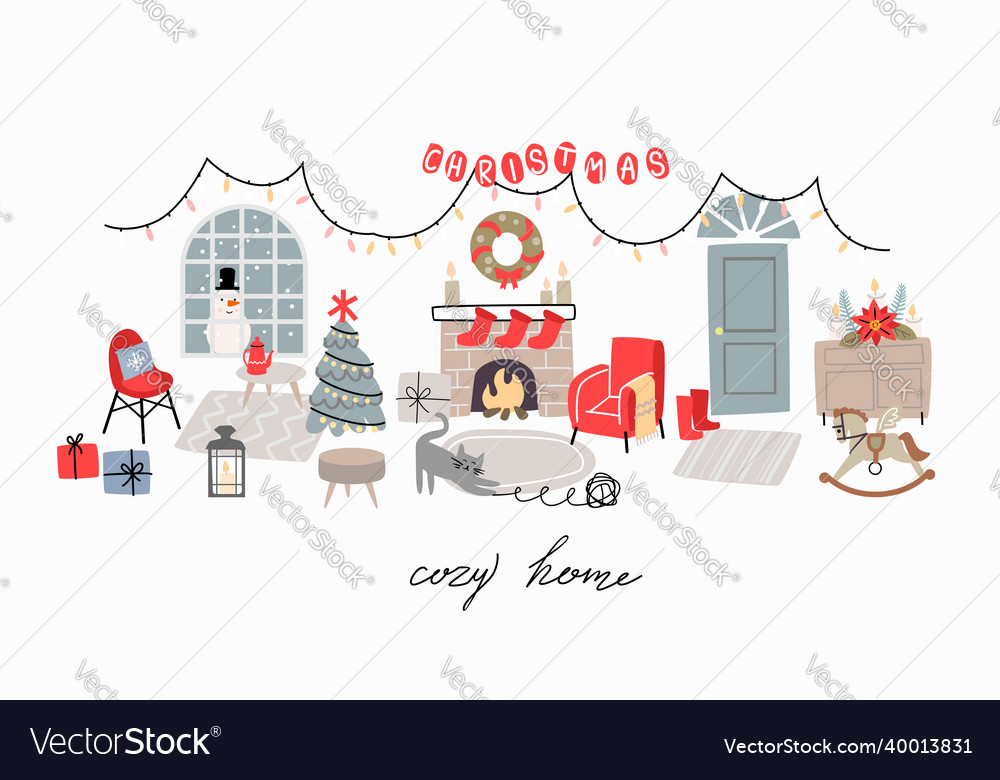 Merry christmas eve happy new year interior home vector image Merry christmas eve happy new year interior home