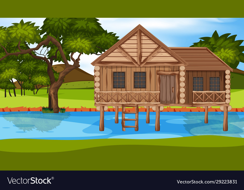 Scene with wooden house in river