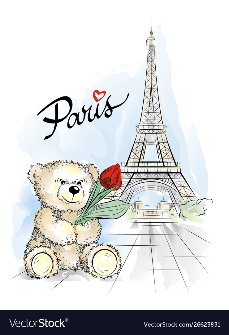 Teddy Bear And Eiffel Tower Paris France Vector Image