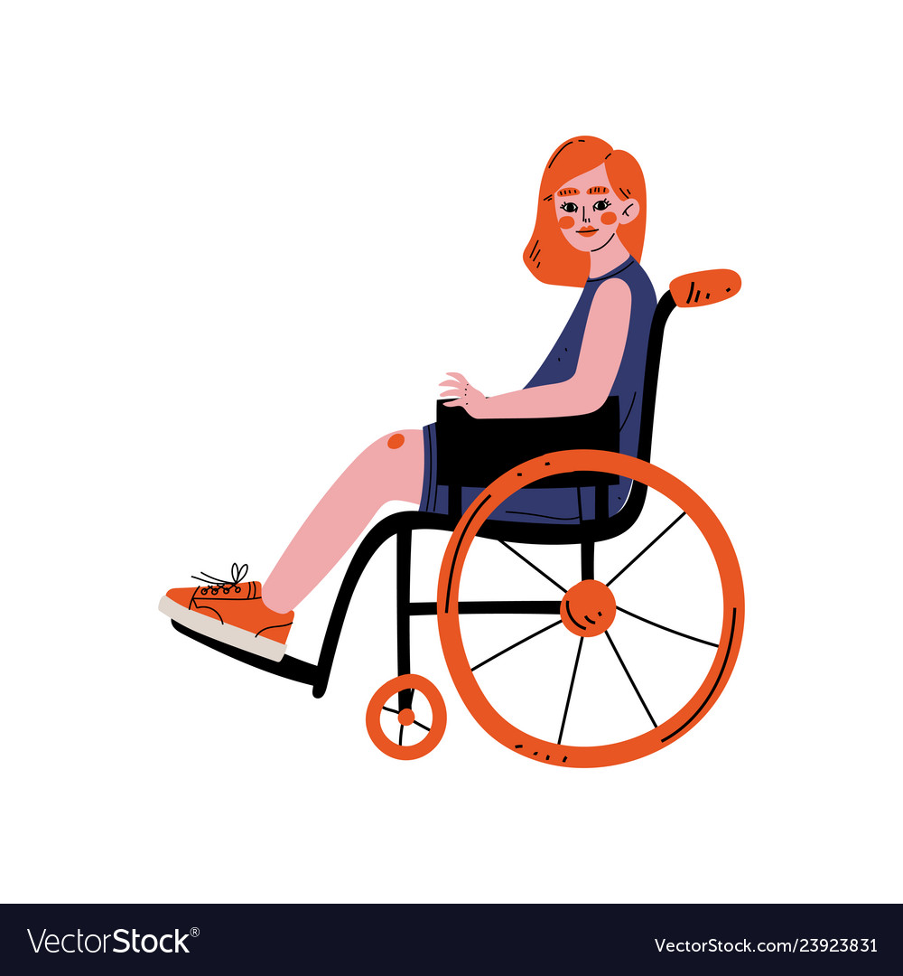 Young cheerful woman sitting in wheelchair self