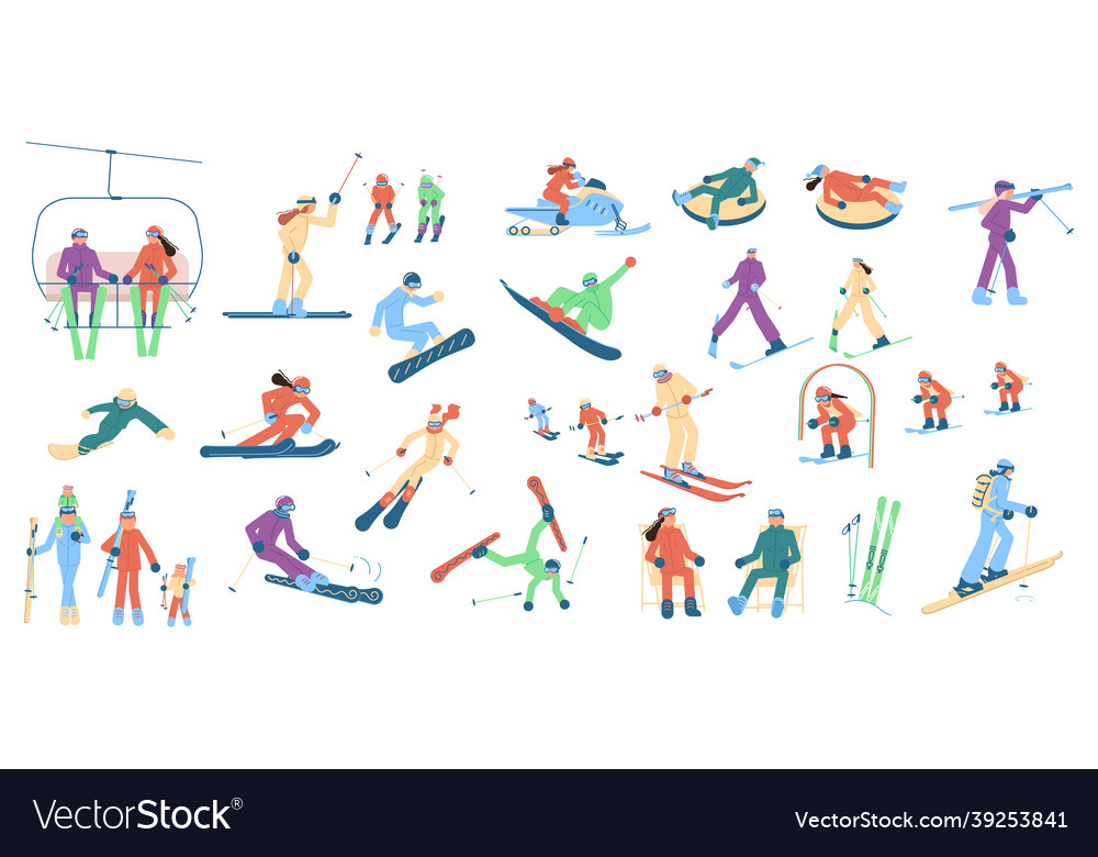 Adult and child skiers snowboarders and tubing Vector Image