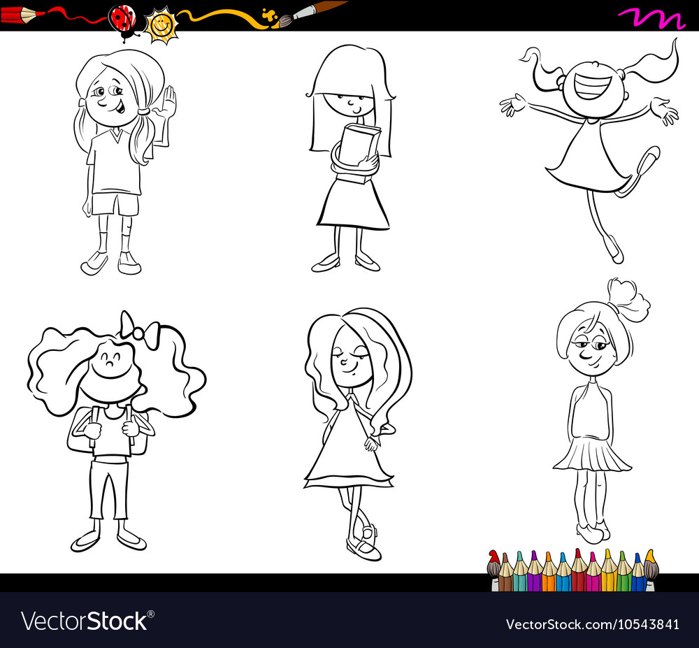 Kid girls set coloring book Royalty Free Vector Image