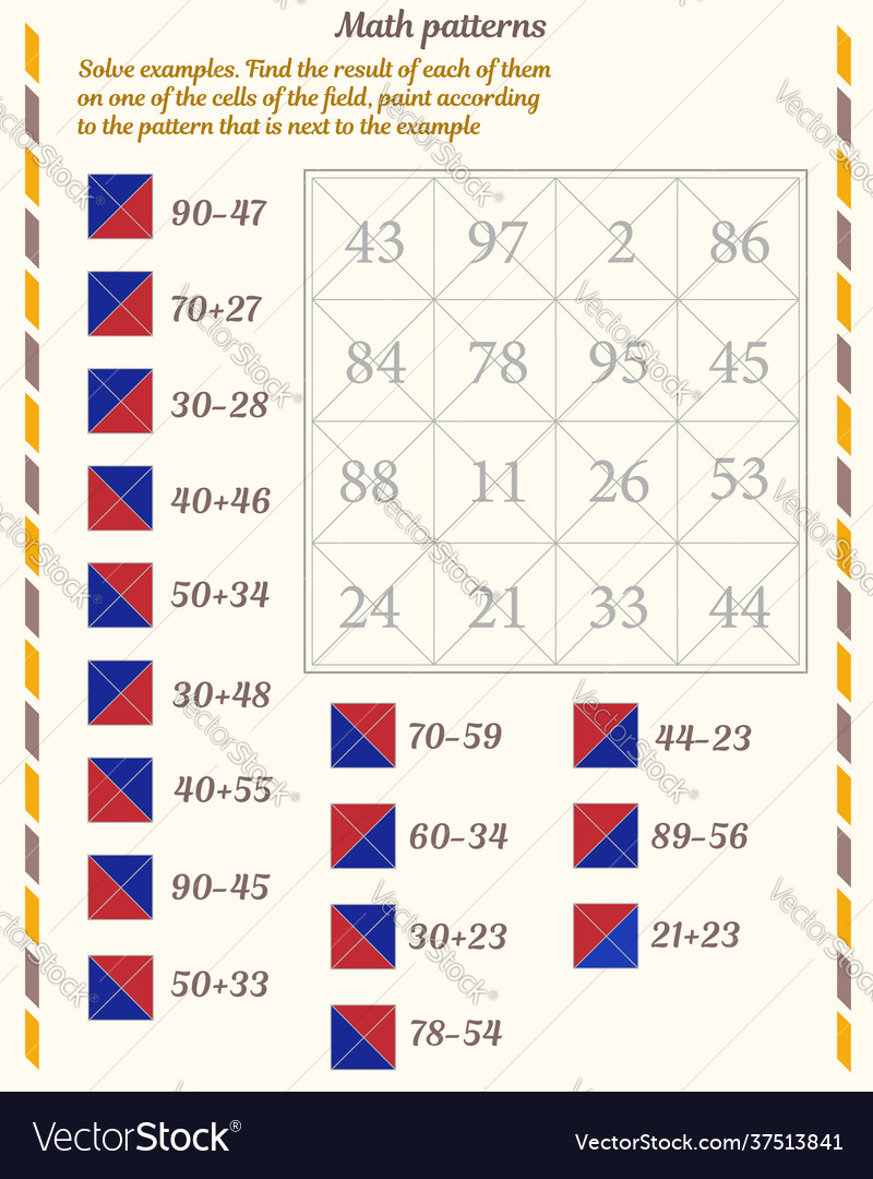 Mathematical patterns worksheet solve examples Vector Image