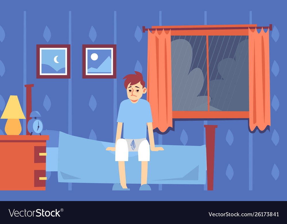 Sad sleepy man or guy woke up in bedroom and Vector Image