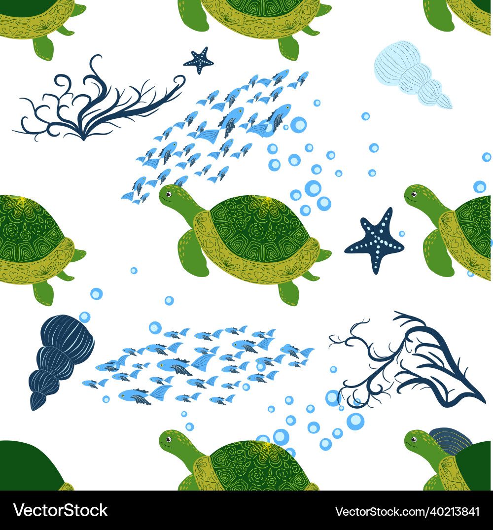 Turtle green seamless pattern beautiful character Vector Image