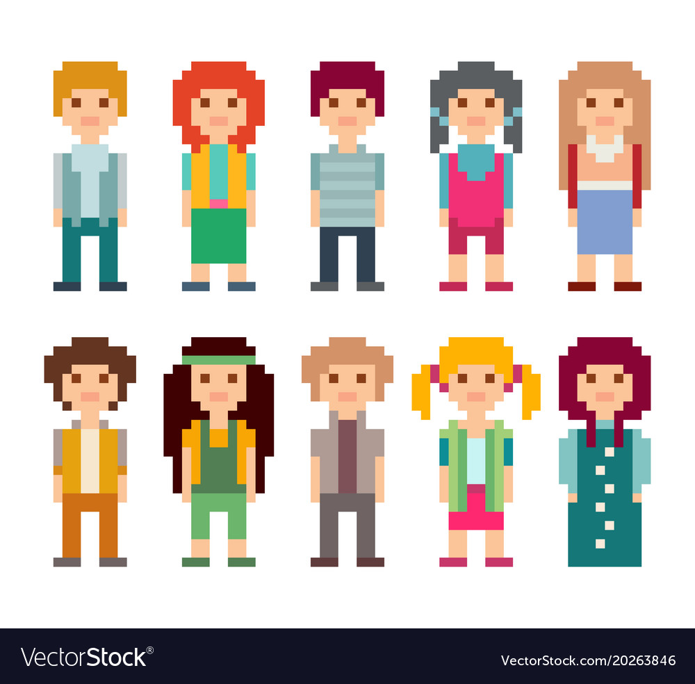 Set pixel art style characters Royalty Free Vector Image