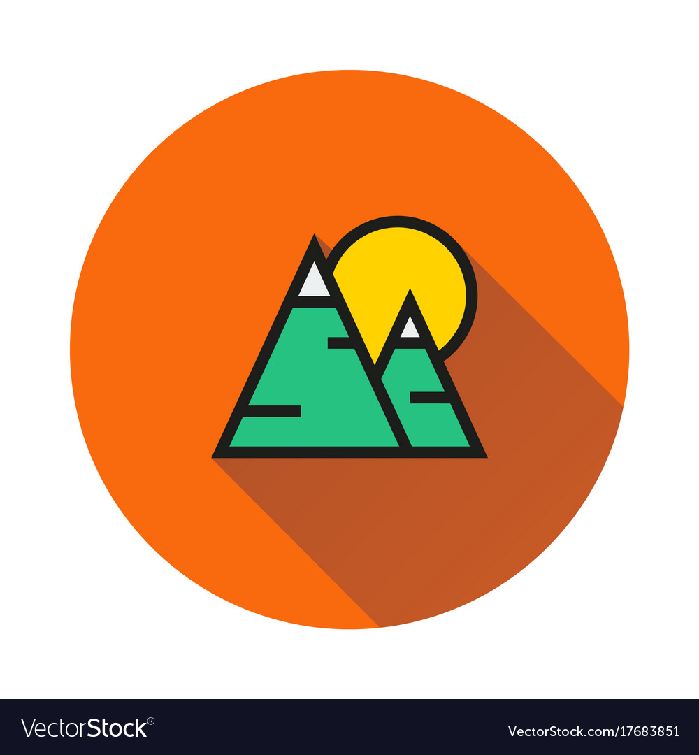 Mountains and sun icon on round background