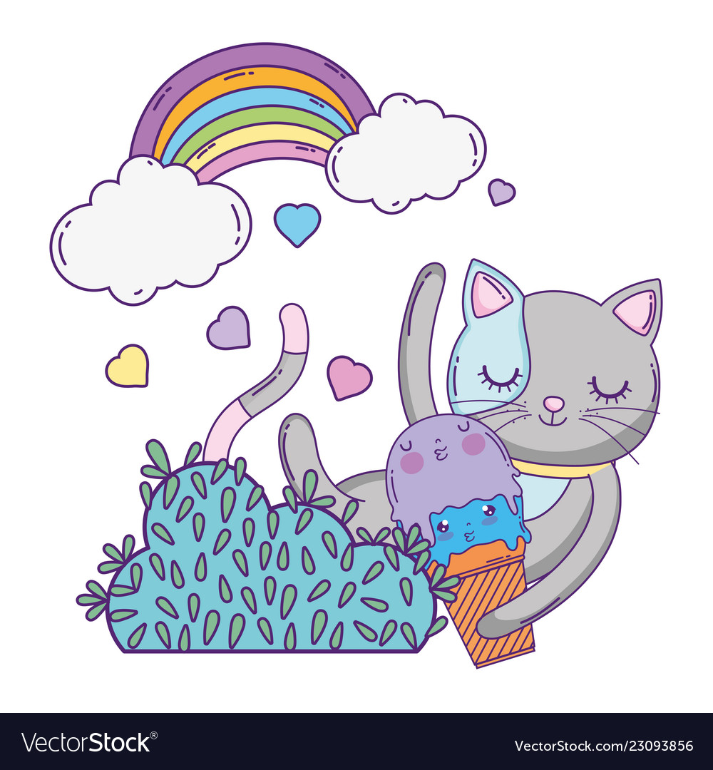 Cute cat with ice cream in rainbow