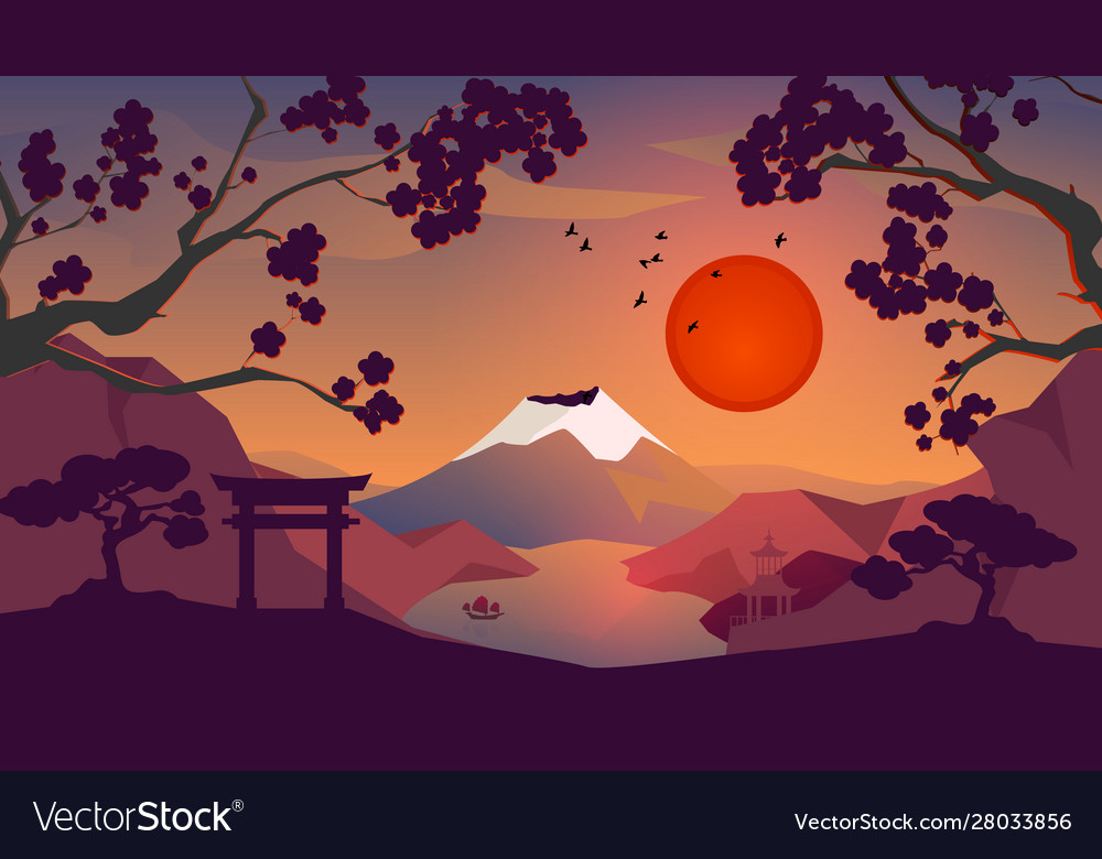 Japan Mountain Fuji With Snow Near Water Suns Vector Image