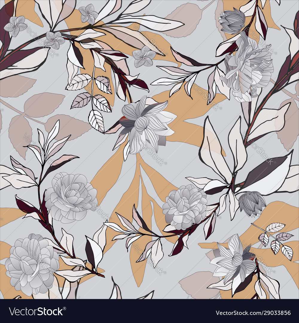 Seamless pattern with grey roses and leaves Vector Image