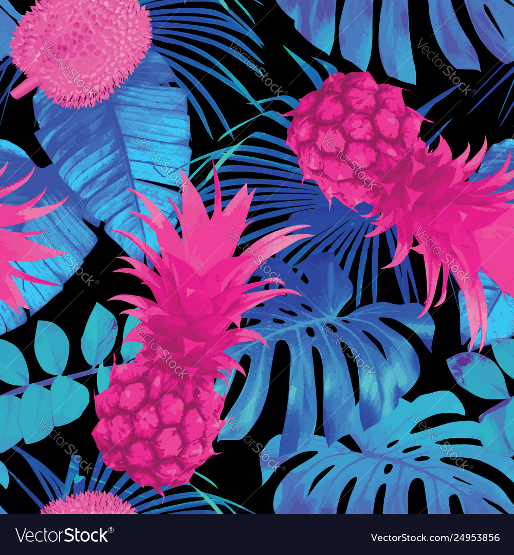 Tropical fruits and palm leaves seamless vector image Tropical fruits and palm leaves seamless