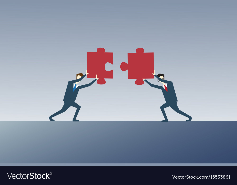 Two business men solving puzzle work together Vector Image