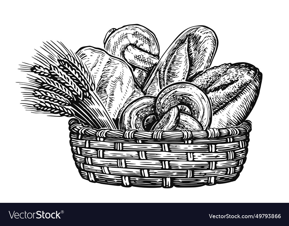 Basket full of baked goods bread and pastry Vector Image