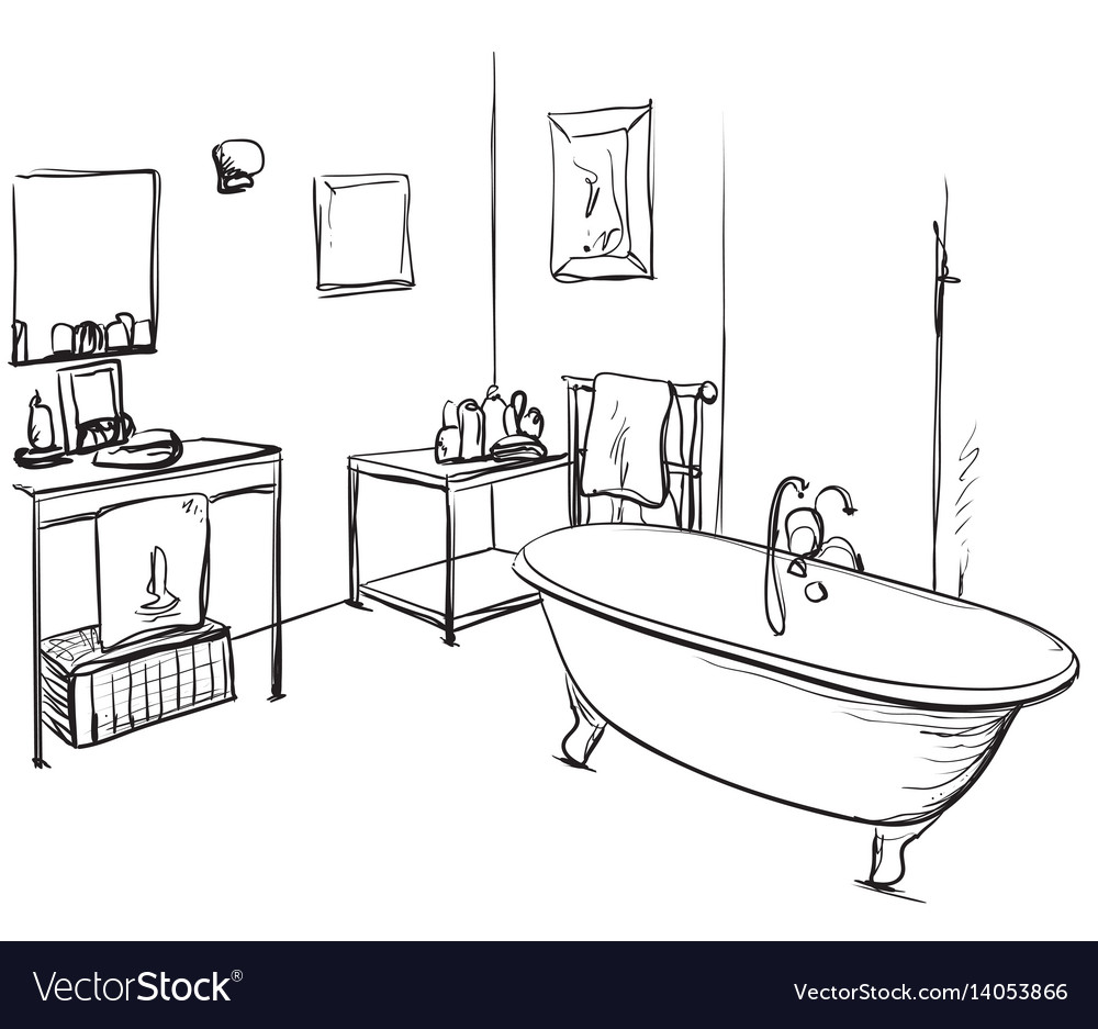 Hand drawn bathroom washbasin and furniture