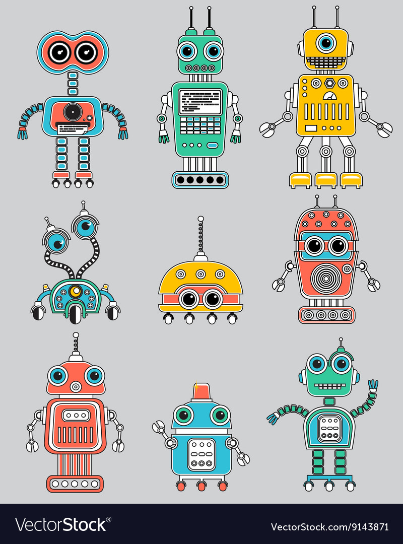 Colorful cut retro robots set