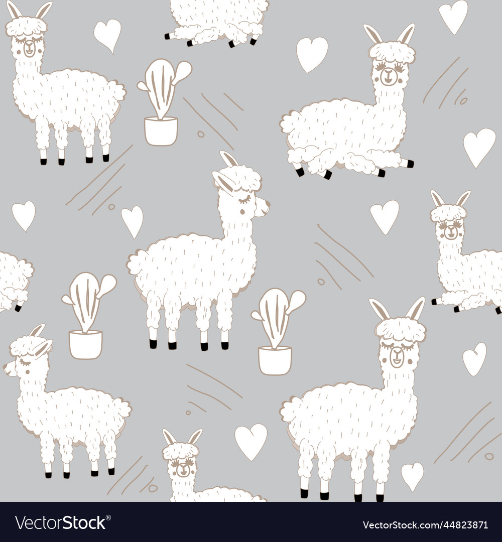 Sweet llama or alpaca and cactus seamless pattern