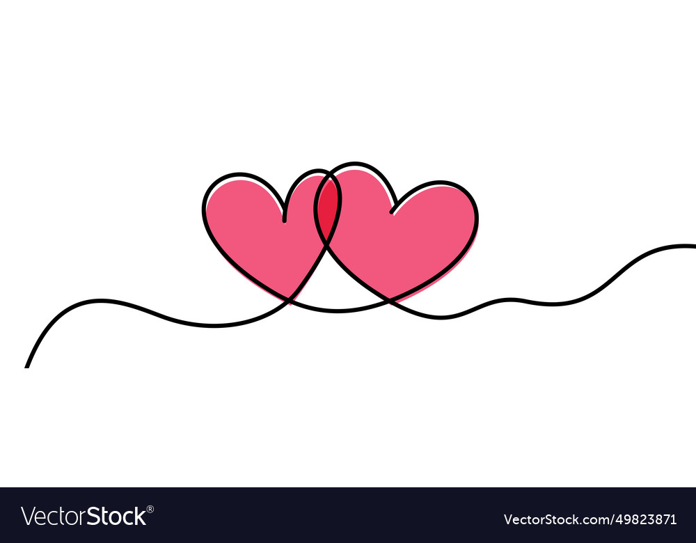 Two pink hearts continuous wavy line art drawing