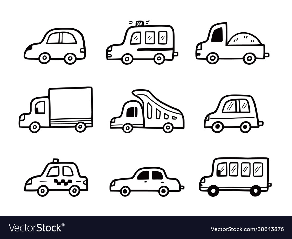 Doodle car set funny sketch Royalty Free Vector Image