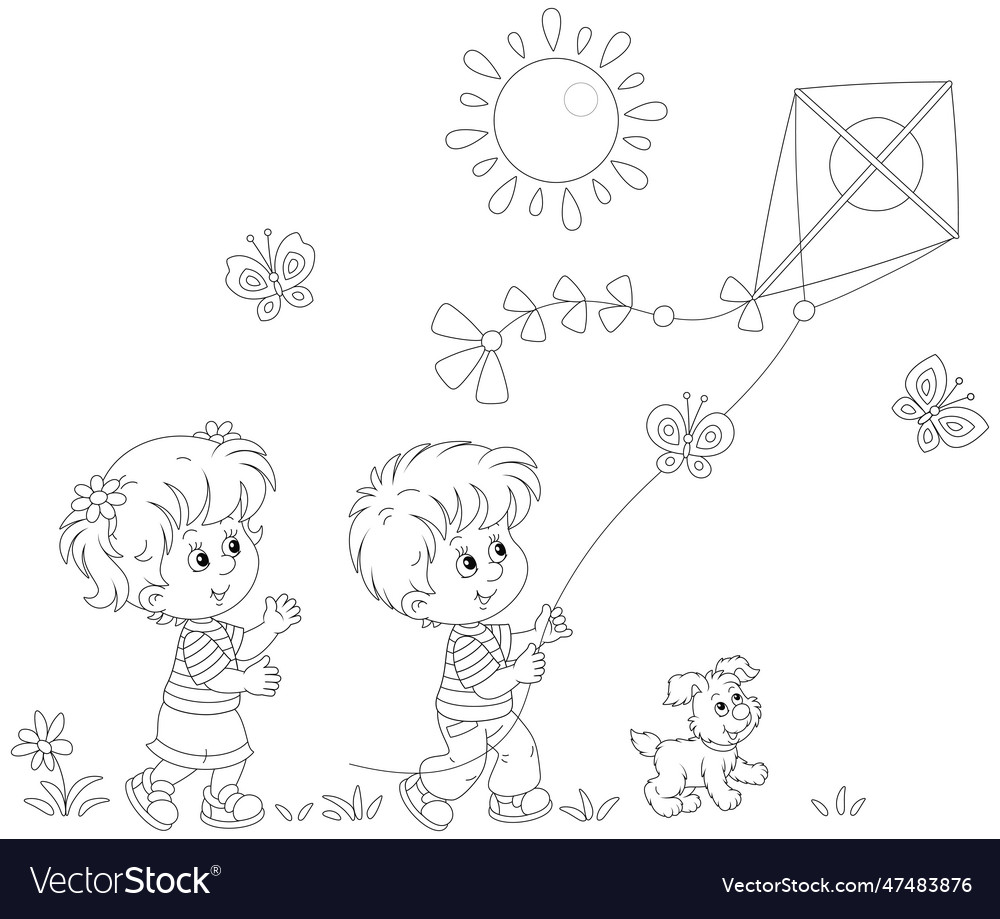 Happy children playing with a flying kite Vector Image