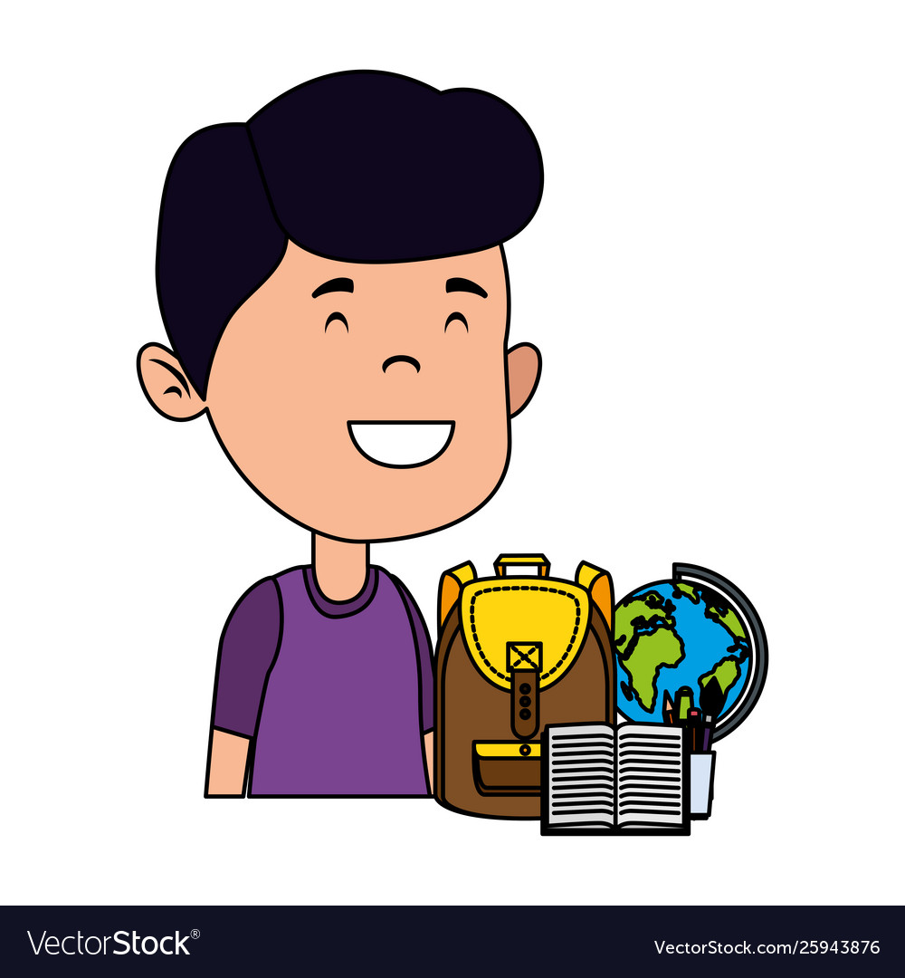 Happy student boy with schoolbag and world map