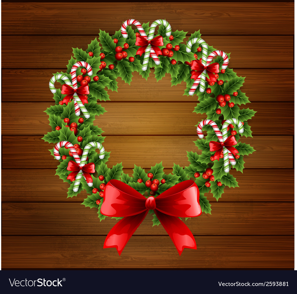 Christmas holly wreath in wood background Vector Image