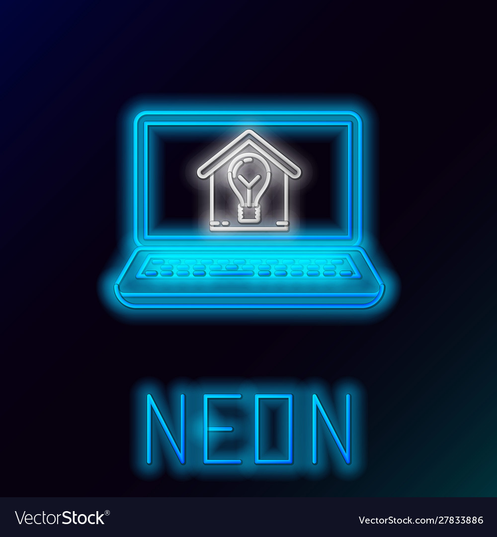 Blue glowing neon line laptop with smart house