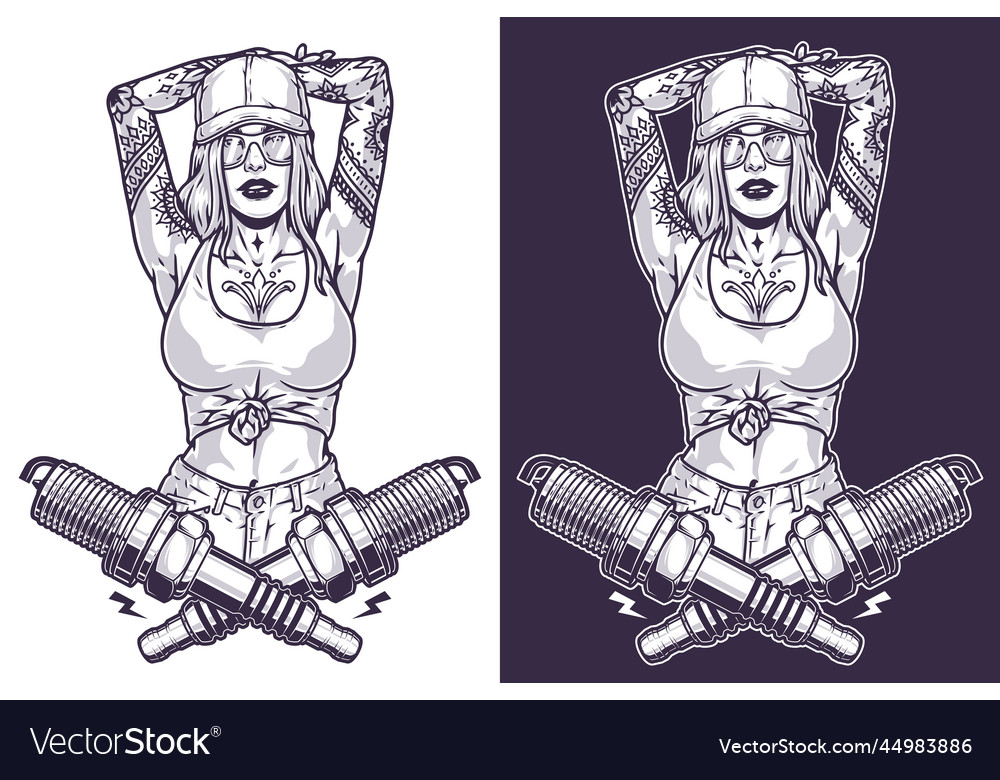 Girl Auto Mechanic Label Monochrome Royalty Free Vector