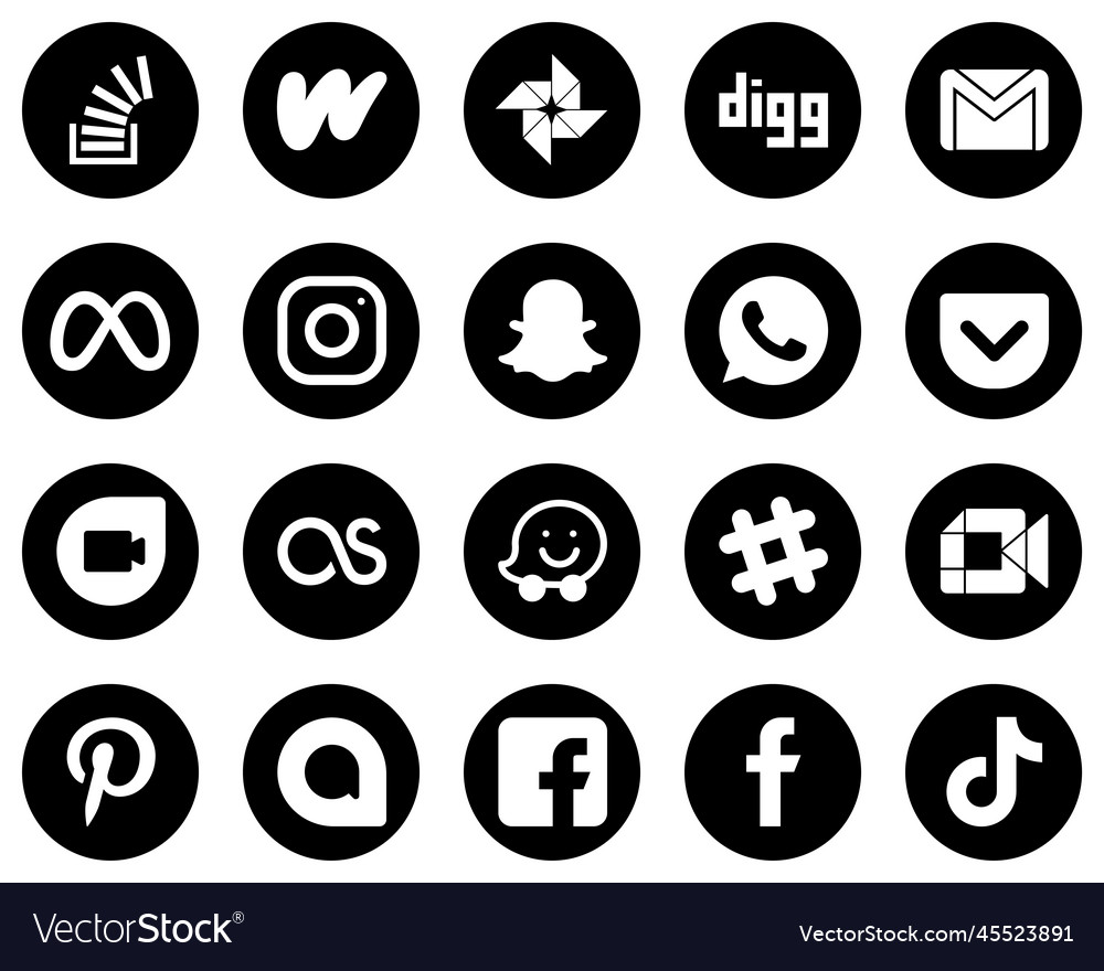 20 customizable white social media icons on black Vector Image