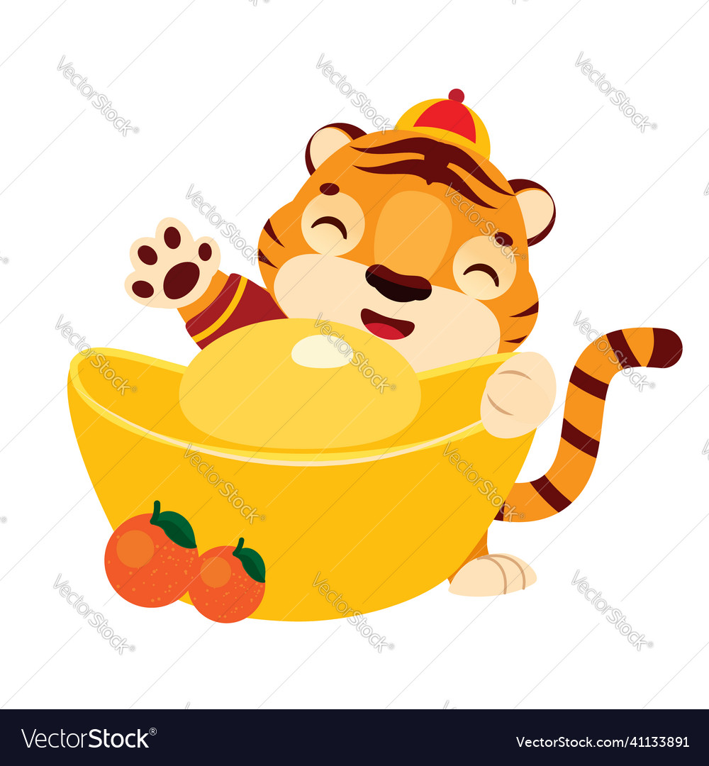 Cartoon tiger with golden boat yuanbao ingot