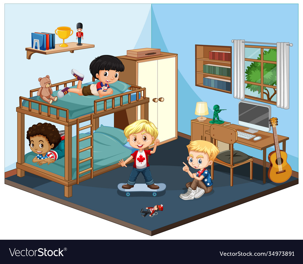 Kids in bedroom scene on white background Vector Image