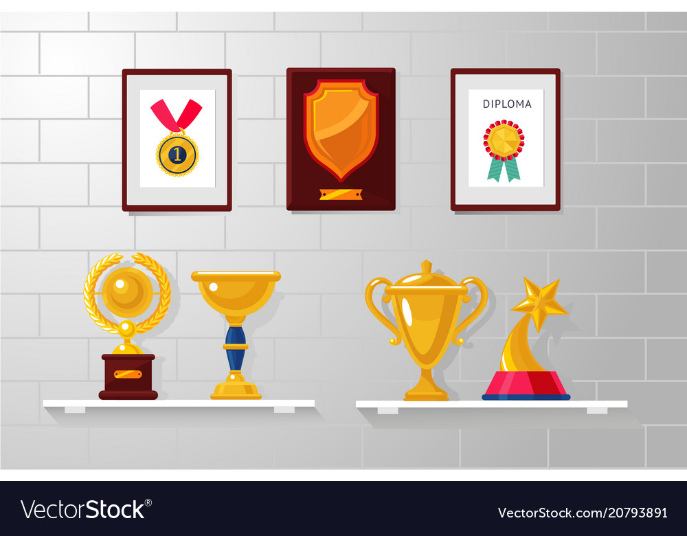 Trophy and awards collection on a white wall vector image Trophy and awards collection on a white wall