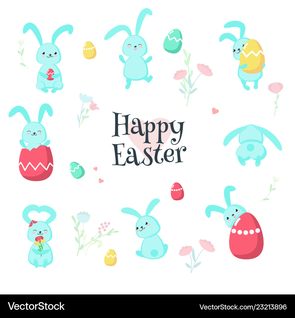 Cute easter rabbits with eggs isolated Royalty Free Vector