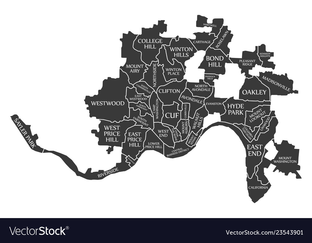 Cincinnati ohio city map usa labelled black