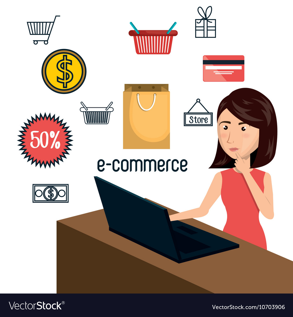 Cartoon woman laptop e-commerce isolated design