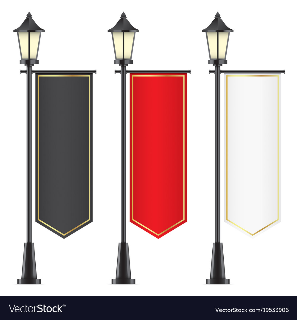 Set of royal flags hanging on lamposts