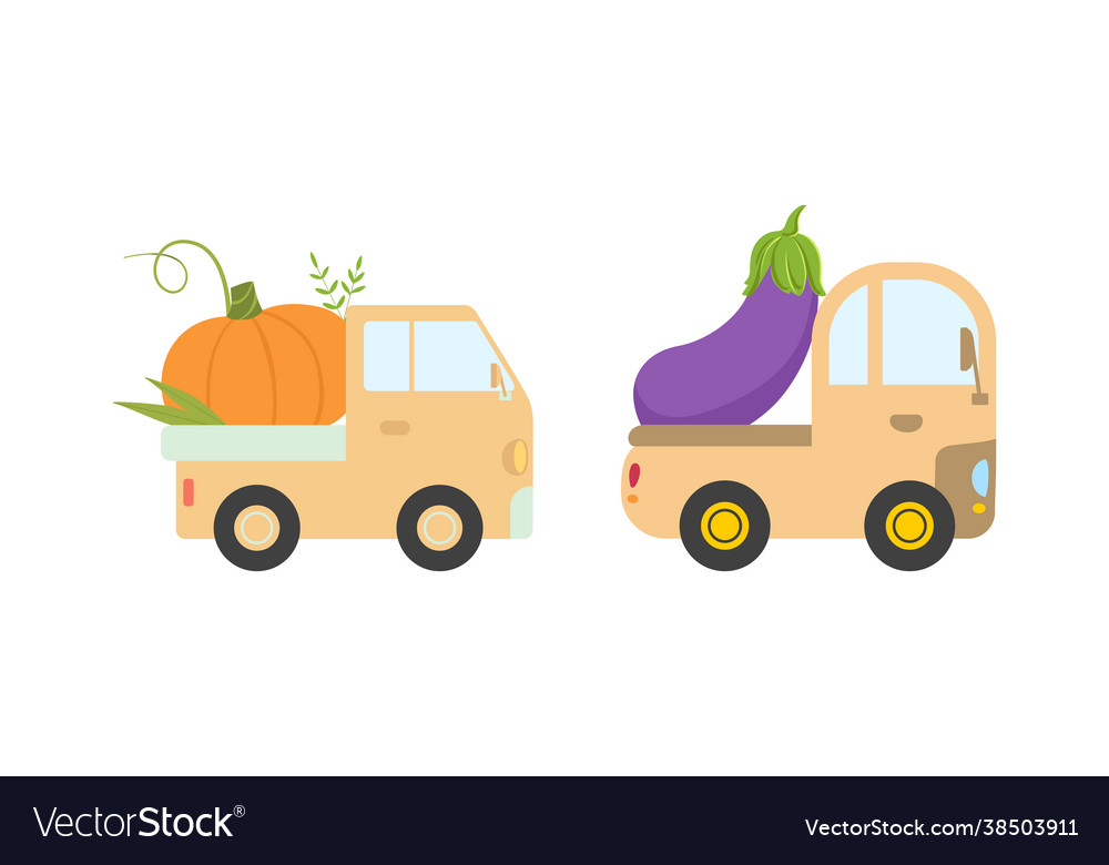 Cute cars delivering vegetables small trucks